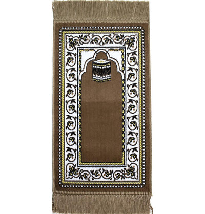 Modefa Prayer Rug Light Brown Child Velvet Islamic Prayer Rug | Vined Arch & Kaba - Light Brown