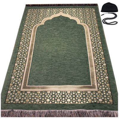 Modefa Prayer Rug Light Green Chenille Embroidered Selcuk Star Islamic Prayer Mat - Light Green