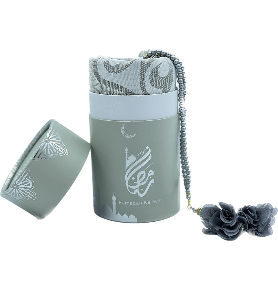 Modefa Prayer Rug Light Green Ramadan Kareem Cylinder Gift Box Set with Prayer Mat & Prayer Beads - Light Green