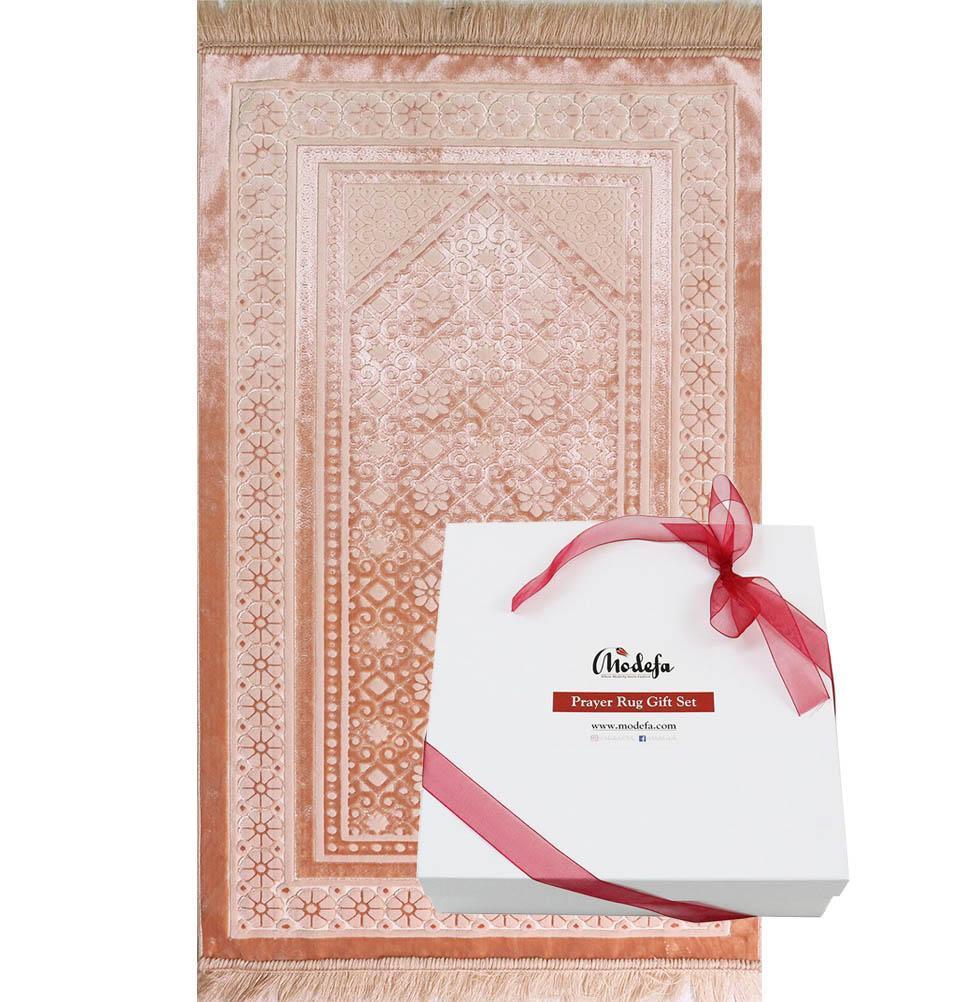 Luxury Velvet Islamic Prayer Rug Gift Box Set with Prayer Beads - Light Pink