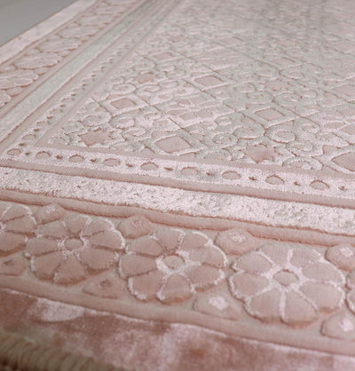 Luxury Velvet Islamic Prayer Rug - Floral Stamp Light Pink