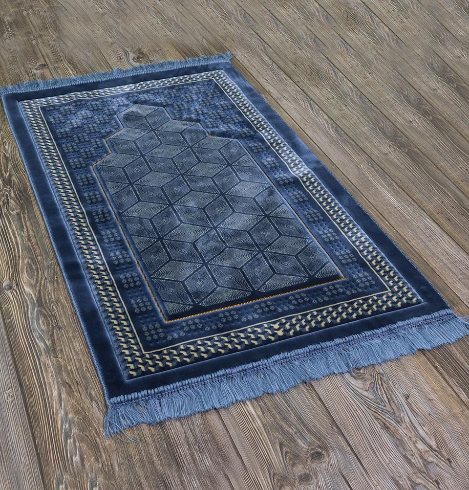 Modefa Prayer Rug Lux Plush Velvet Islamic Prayer Rug - Geometric Mihrab Blue