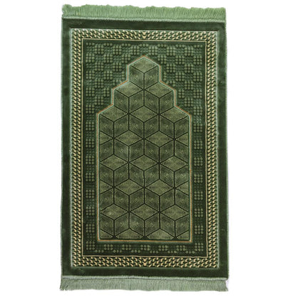 Modefa Prayer Rug Lux Plush Velvet Islamic Prayer Rug - Geometric Mihrab Green