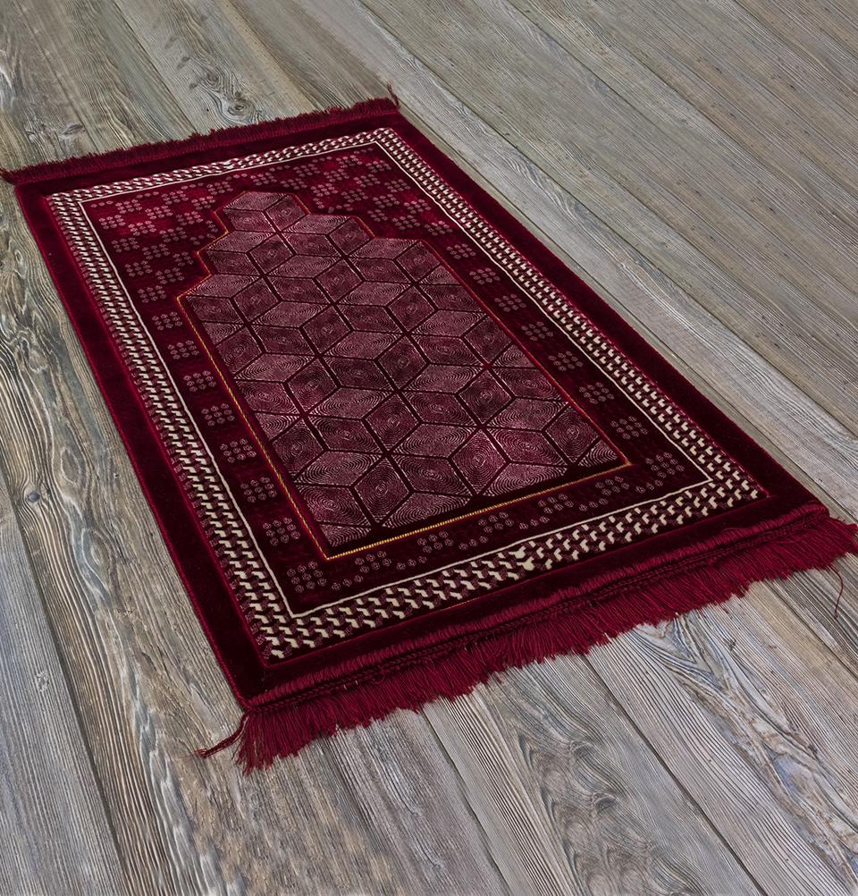 Modefa Prayer Rug Lux Plush Velvet Islamic Prayer Rug - Geometric Mihrab Red