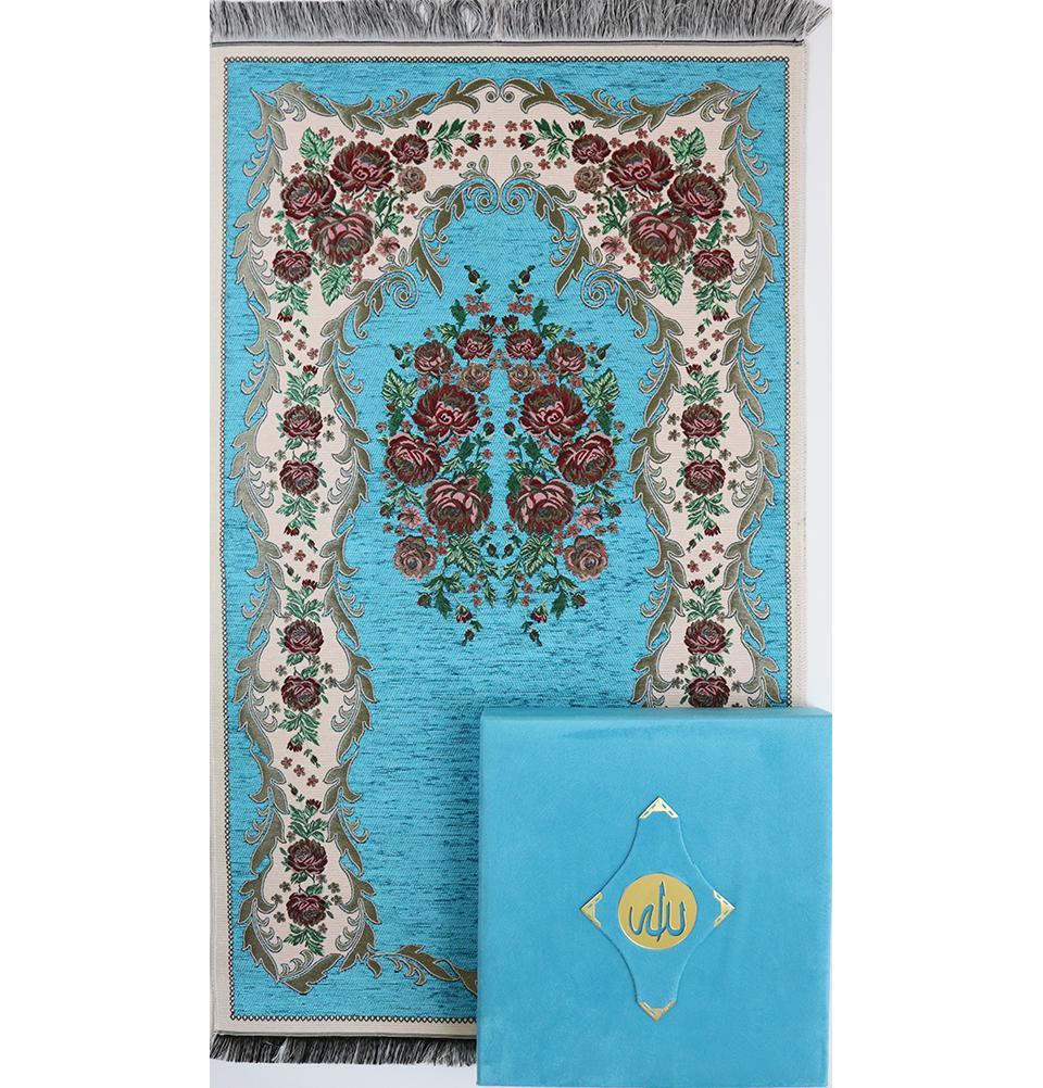 Luxury Islamic Quran & Prayer Rug Gift Set 6 Pieces in Velvet Box - Blue