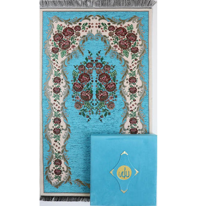 Luxury Islamic Quran & Prayer Rug Gift Set 6 Pieces in Velvet Box - Blue