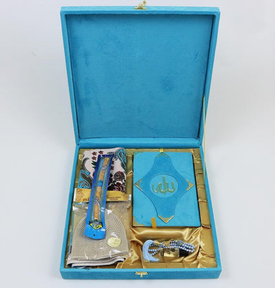 Luxury Islamic Quran & Prayer Rug Gift Set 6 Pieces in Velvet Box - Blue
