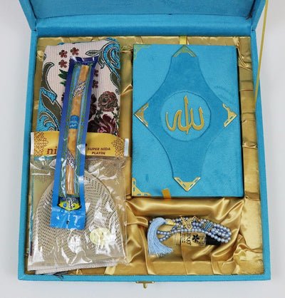 Luxury Islamic Quran & Prayer Rug Gift Set 6 Pieces in Velvet Box - Blue
