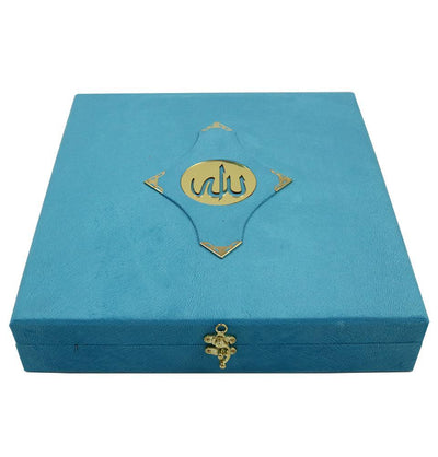 Luxury Islamic Quran & Prayer Rug Gift Set 6 Pieces in Velvet Box - Blue