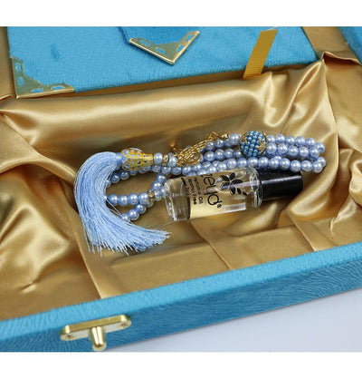 Luxury Islamic Quran & Prayer Rug Gift Set 6 Pieces in Velvet Box - Blue