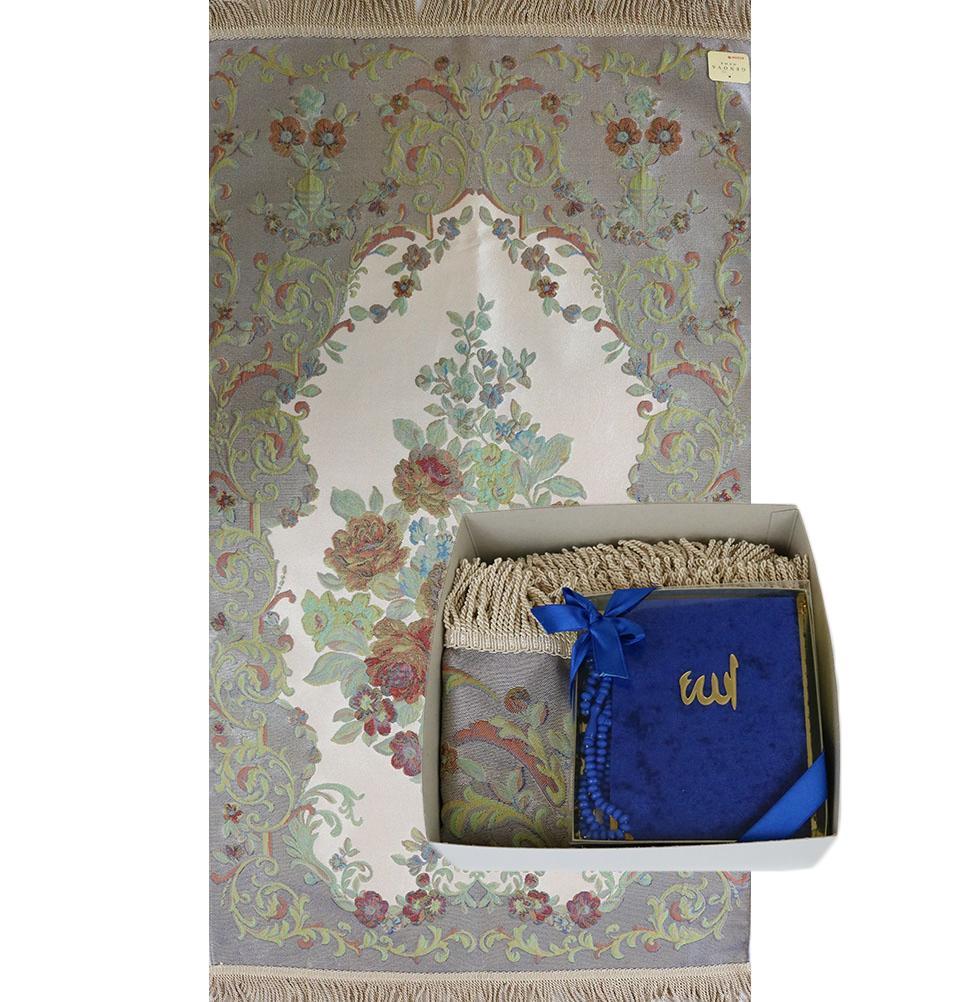 Luxury Thin Embroidered Floral Lavanta Prayer Mat Gift Box - Blue