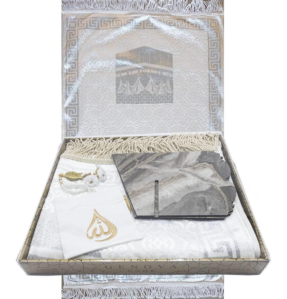 Modefa Prayer Rug Luxury Thin Velvet Islamic Prayer Mat | Kaba Silver - Deluxe Gift Set