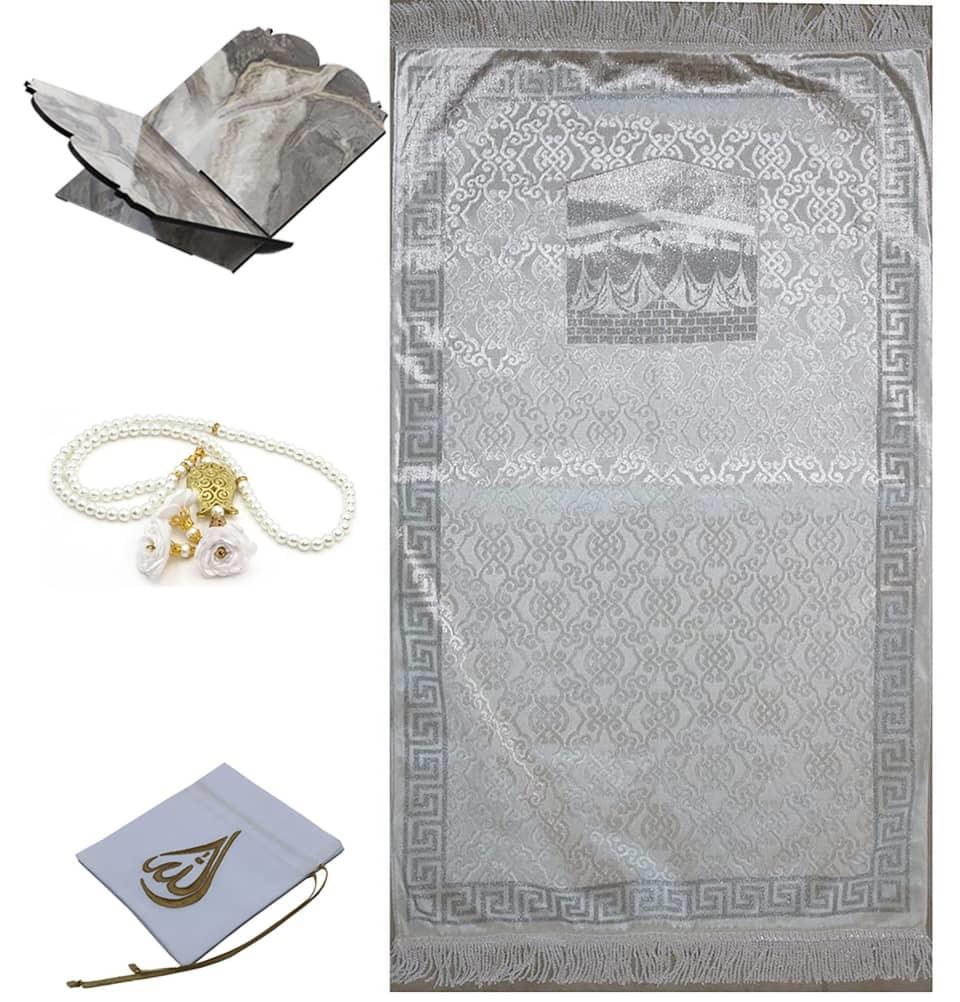 Modefa Prayer Rug Luxury Thin Velvet Islamic Prayer Mat | Kaba Silver - Deluxe Gift Set