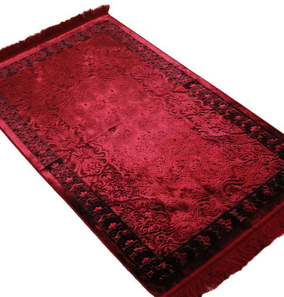 Luxury Velvet Islamic Prayer Rug 7 Piece Gift Set with Tote - Red