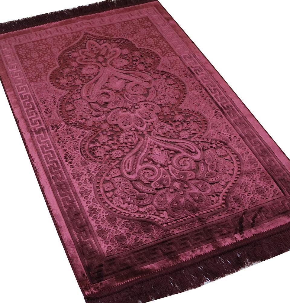 Modefa Prayer Rug Luxury Velvet Islamic Prayer Rug Gift Box Set with Prayer Beads - Burgundy