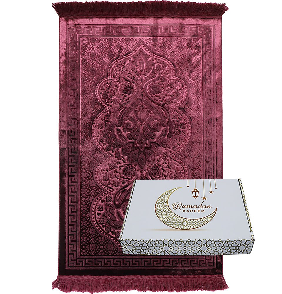 Modefa Prayer Rug Luxury Velvet Islamic Prayer Rug Gift Box Set with Prayer Beads - Burgundy
