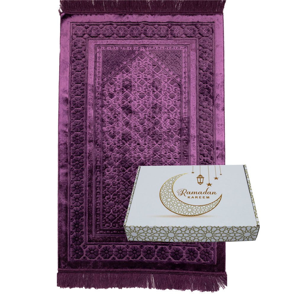 Modefa Prayer Rug Luxury Velvet Islamic Prayer Rug Gift Box Set with Prayer Beads - Purple