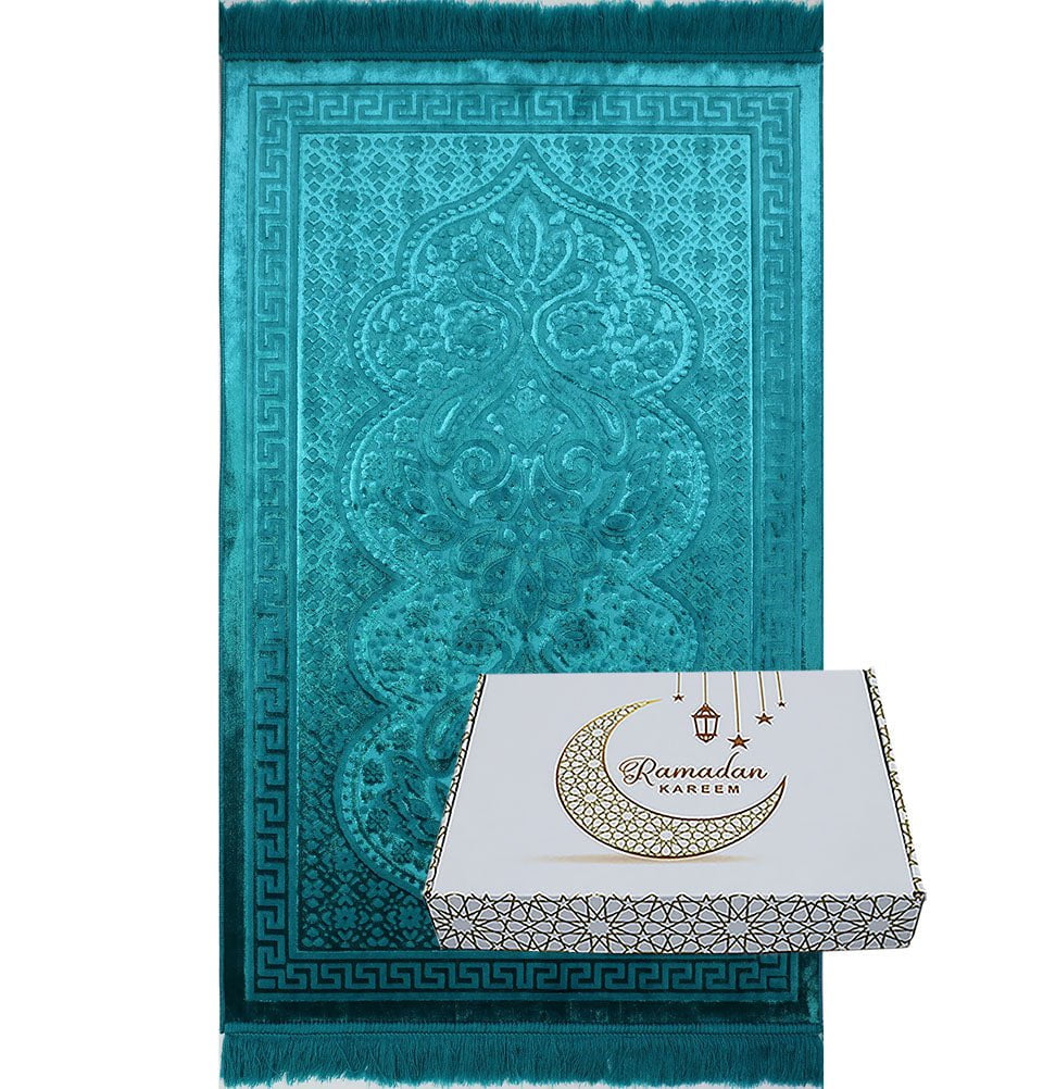 Modefa Prayer Rug Luxury Velvet Islamic Prayer Rug Gift Box Set with Prayer Beads - Turquoise