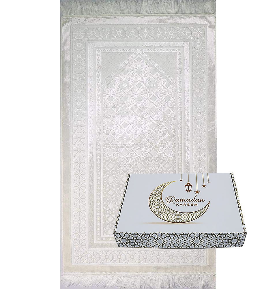 Modefa Prayer Rug Luxury Velvet Islamic Prayer Rug Gift Box Set with Prayer Beads - White