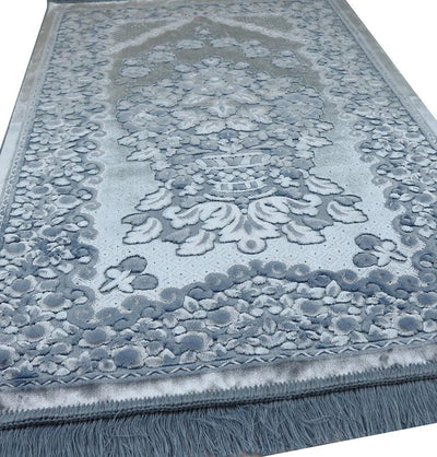 Luxury Velvet Islamic Women's Prayer Rug 7 Piece Gift Set with Tote - Baby Blue