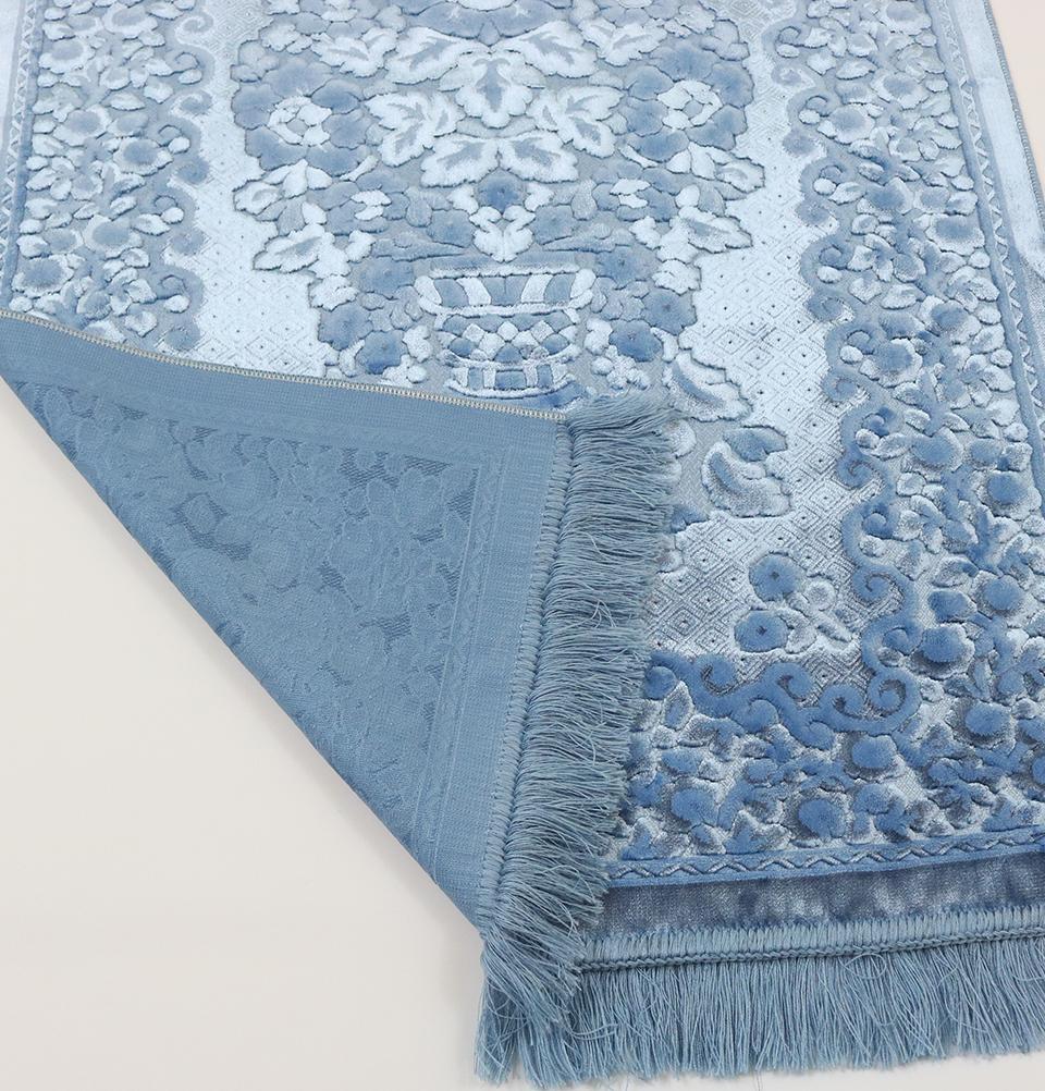 Luxury Velvet Islamic Women's Prayer Rug 7 Piece Gift Set with Tote - Baby Blue