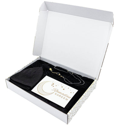 Modefa Prayer Rug Luxury Velvet Kaba | Ramadan Kareem Gift Box Set with Tesbih, Kufi - Black
