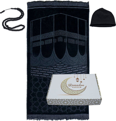 Modefa Prayer Rug Luxury Velvet Kaba | Ramadan Kareem Gift Box Set with Tesbih, Kufi - Black