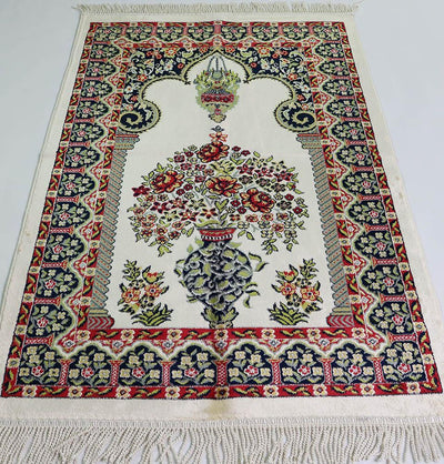 Luxury Velvet Kilim Islamic Prayer Rug - Floral Creme