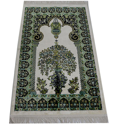 Modefa Prayer Rug Luxury Velvet Kilim Islamic Prayer Rug - Floral Creme/Green