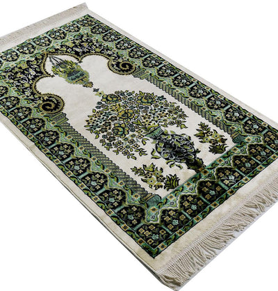 Modefa Prayer Rug Luxury Velvet Kilim Islamic Prayer Rug - Floral Creme/Green