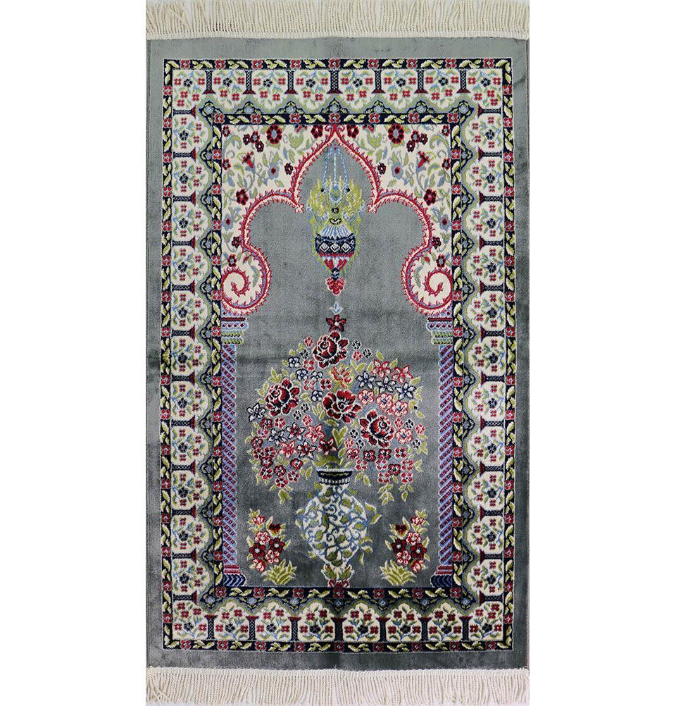 Luxury Velvet Kilim Islamic Prayer Rug - Floral Grey