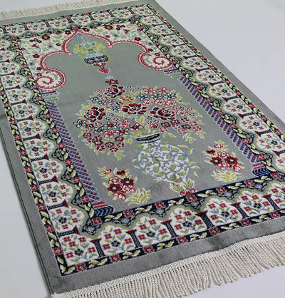 Luxury Velvet Kilim Islamic Prayer Rug - Floral Grey