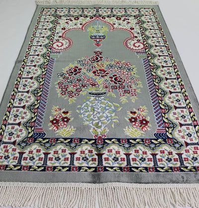 Luxury Velvet Kilim Islamic Prayer Rug - Floral Grey