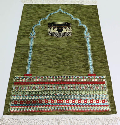 Luxury Woven Chenille Islamic Prayer Rug - Kaba Green