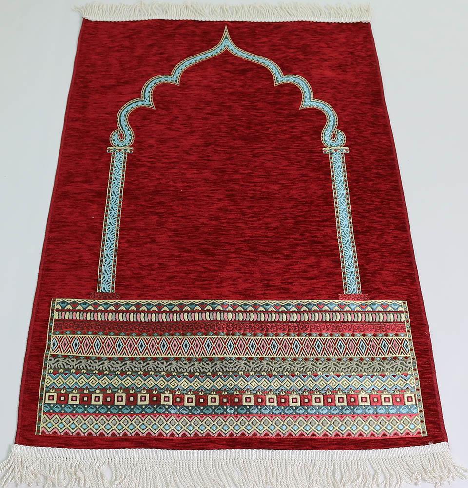 Luxury Woven Chenille Islamic Prayer Rug - Tribal Red