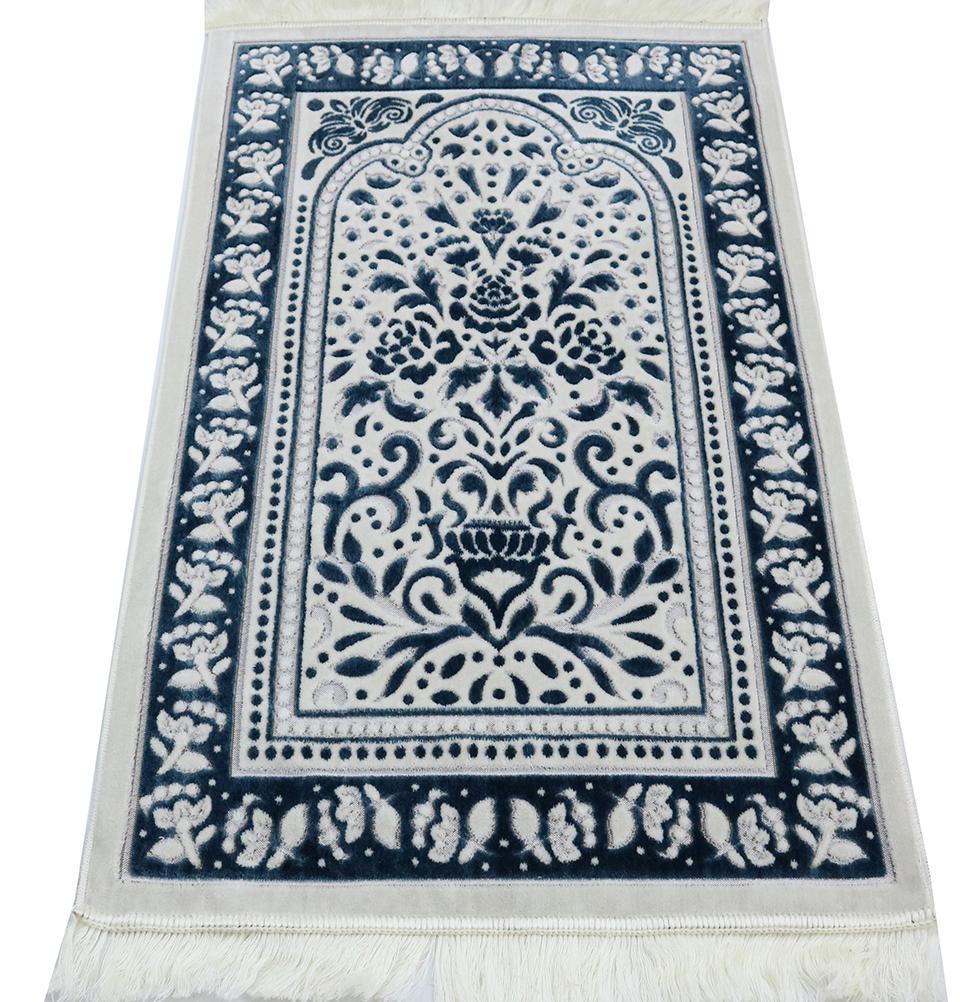 Marmara Velvet Islamic Prayer Rug - Blue / White