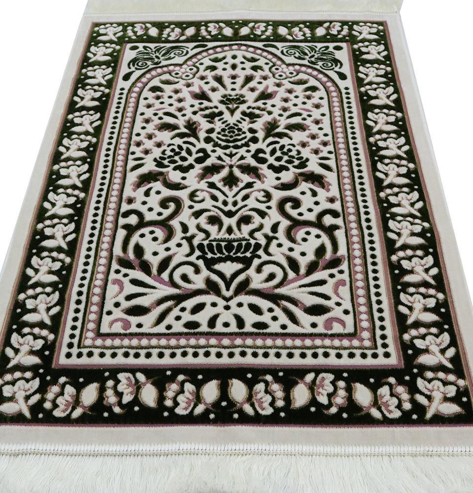 Marmara Velvet Islamic Prayer Rug - Green / Pink
