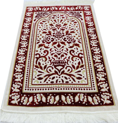 Marmara Velvet Islamic Prayer Rug - Red / White