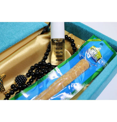 Men's Luxury Islamic Quran & Prayer Rug Gift Set 6 Pieces in Velvet Box - Light Blue 2