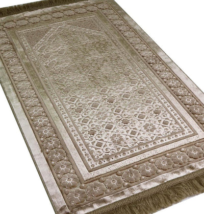 Luxury Velvet Islamic Prayer Rug Gift Box Set with Prayer Beads - Floral Stamp Mink