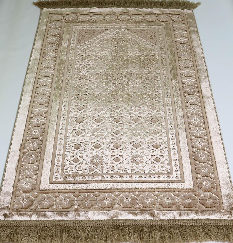 Luxury Velvet Islamic Prayer Rug Gift Box Set with Prayer Beads - Floral Stamp Mink