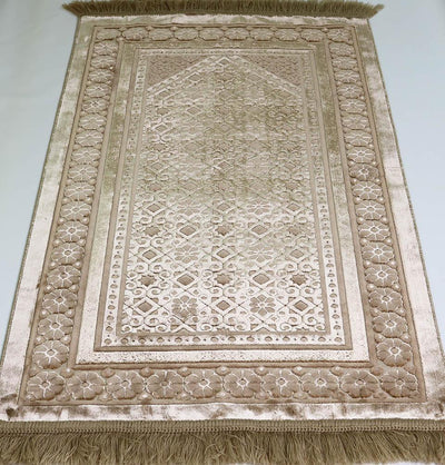 Luxury Velvet Islamic Prayer Rug Gift Box Set with Prayer Beads - Floral Stamp Mink