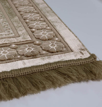 Luxury Velvet Islamic Prayer Rug Gift Box Set with Prayer Beads - Floral Stamp Mink