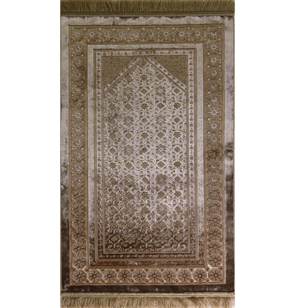 Luxury Velvet Islamic Prayer Rug Gift Box Set with Prayer Beads - Floral Stamp Mink