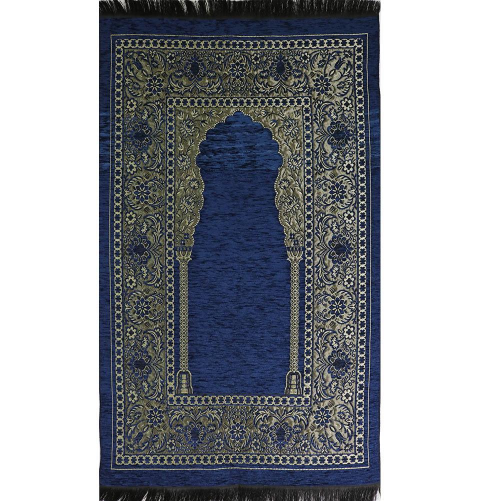 Embroidered Islamic Prayer Mat - Navy Blue