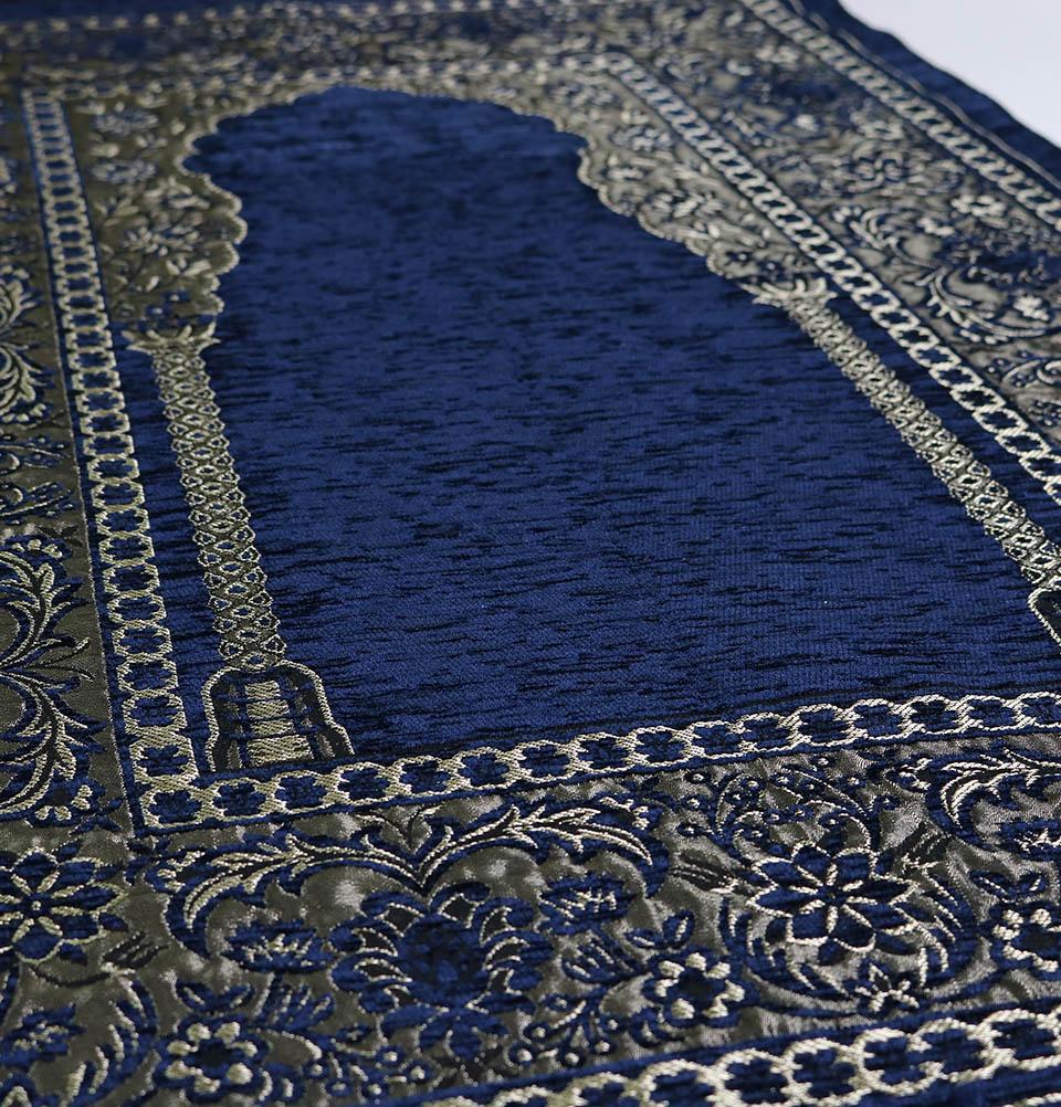 Embroidered Islamic Prayer Mat - Navy Blue