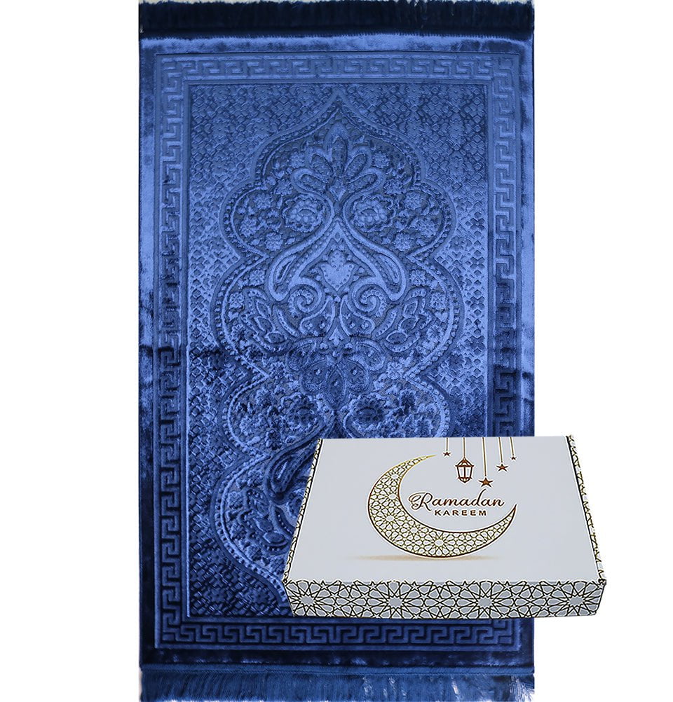 Modefa Prayer Rug Navy Blue Luxury Velvet Islamic Prayer Rug Gift Box Set with Prayer Beads - Navy Blue