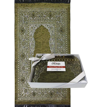 Modefa Prayer Rug Olive Embroidered Islamic Prayer Mat Gift Box Set with Prayer Beads - Olive Green