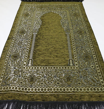 Modefa Prayer Rug Olive Embroidered Islamic Prayer Mat Gift Box Set with Prayer Beads - Olive Green