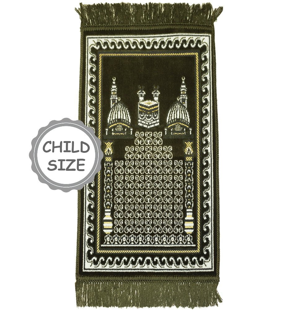 Child Velvet Islamic Prayer Rug - Kaba & Mosque Olive Green